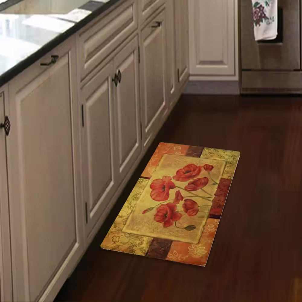 J&V TEXTILES 18 in. x 30 in. Jacobean Poppy Kitchen Cushion Floor Mat