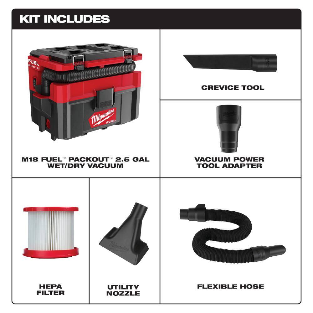 Milwaukee M18 FUEL PACKOUT 18-Volt Lithium-Ion Cordless 2.5 Gal. Wet/Dry Vacuum and M12 AIR-TIP Utility Nozzle Attachment