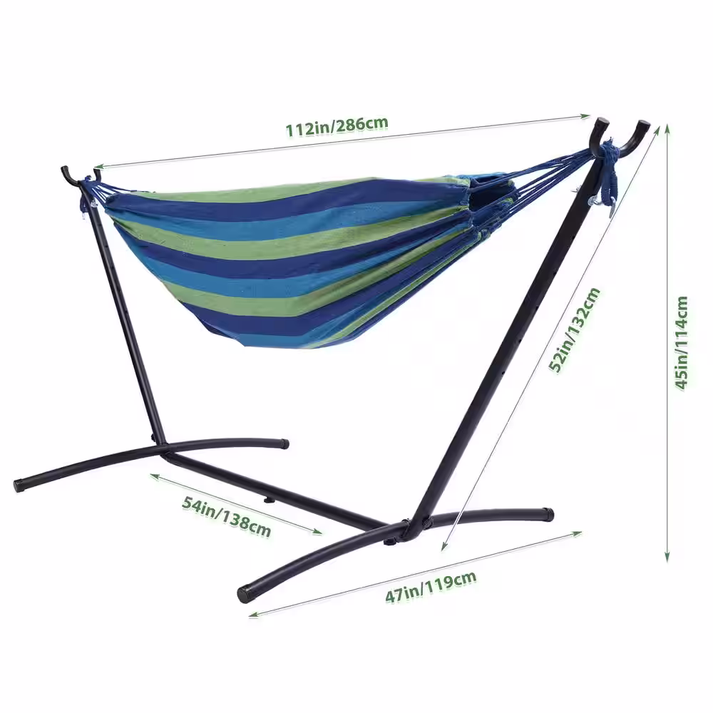 None 9.3 ft. Double Classic Cotton Hammock with Stand for 2-Person, 450 lbs. Capacity Blue/Green Striped