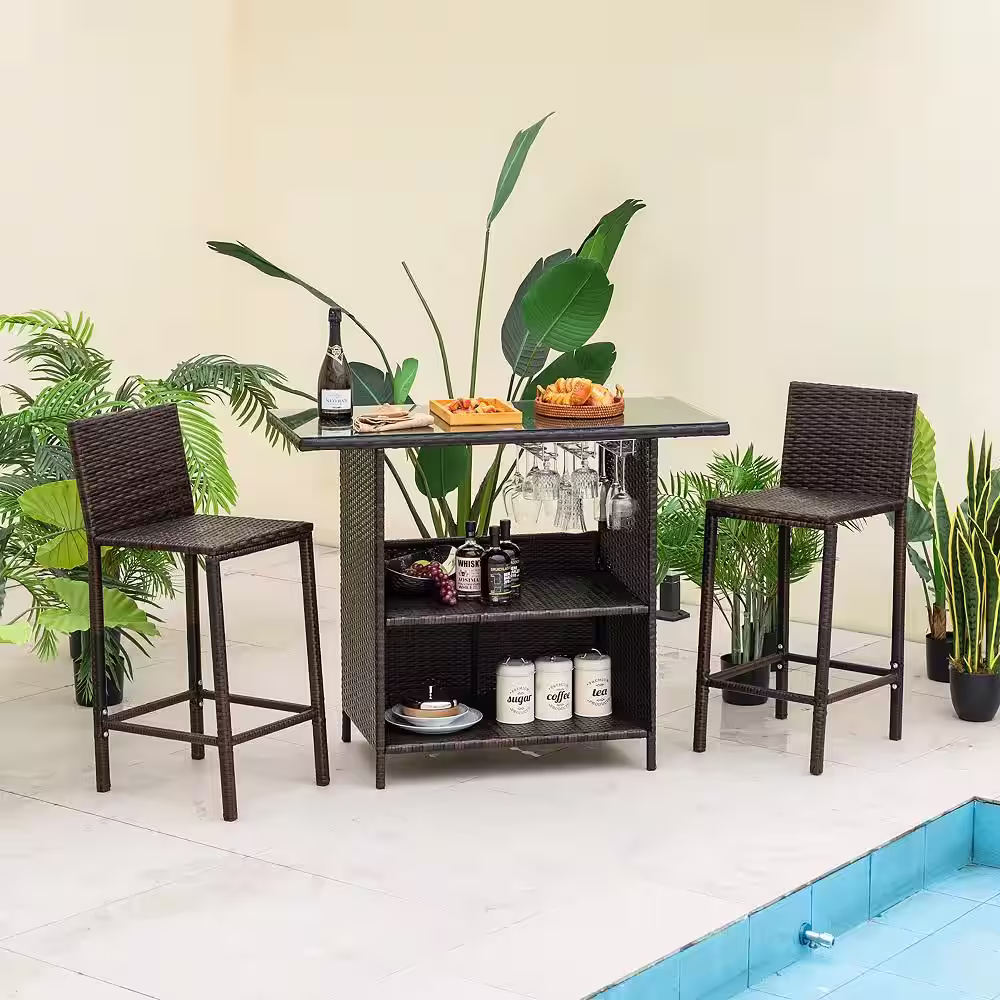 Costway 3-Piece Wicker Outdoor Serving Bar Set Height Table 2-Stools with 3-Rows Stemware Racks Garden