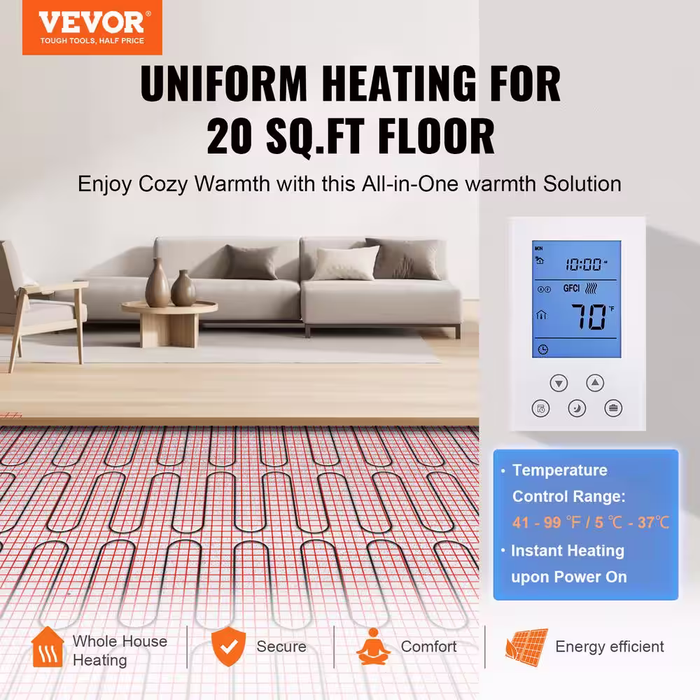 VEVOR Floor Heating Mat 30 Sq. ft Electric Radiant In-Floor Heated Warm System with Digital Floor Sensing Thermostat