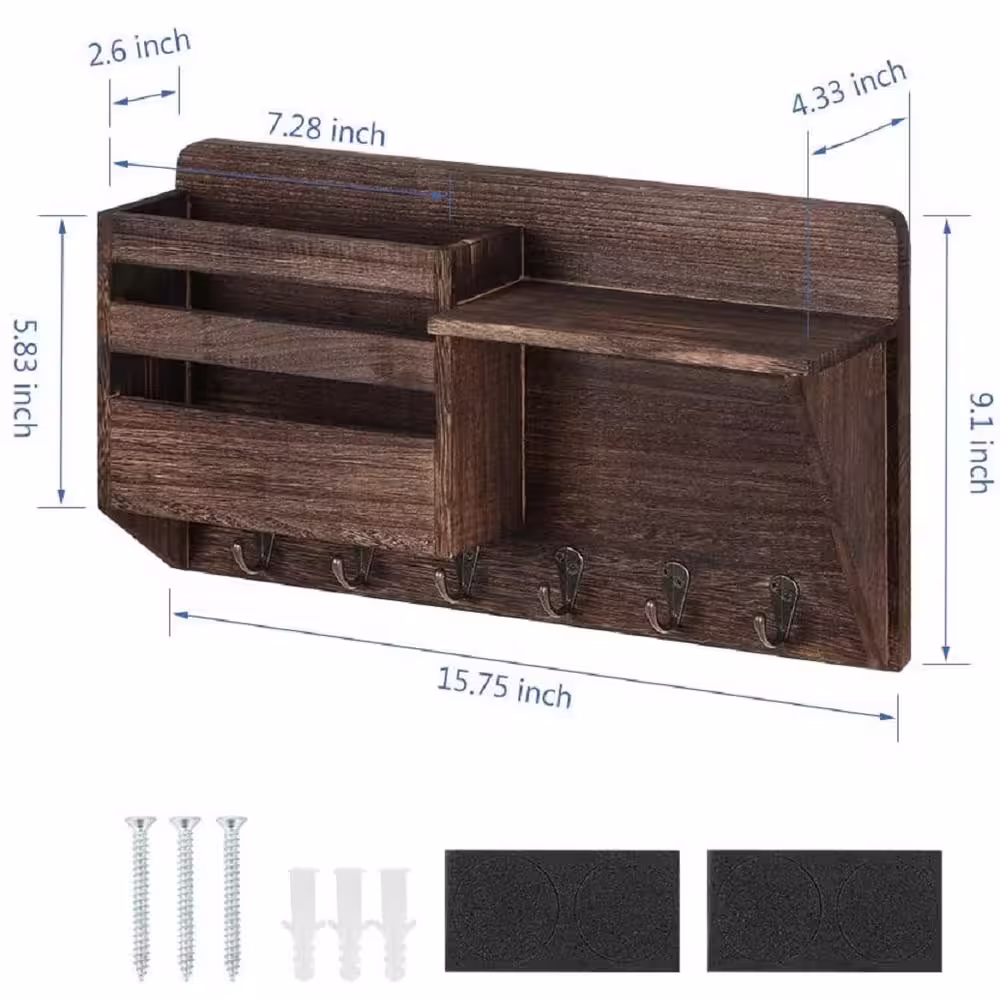 None Brown Mail and Key Holder for Wall with 6-Key Hooks 1-Compartment Rustic Wall Mail Sorter with Shelf