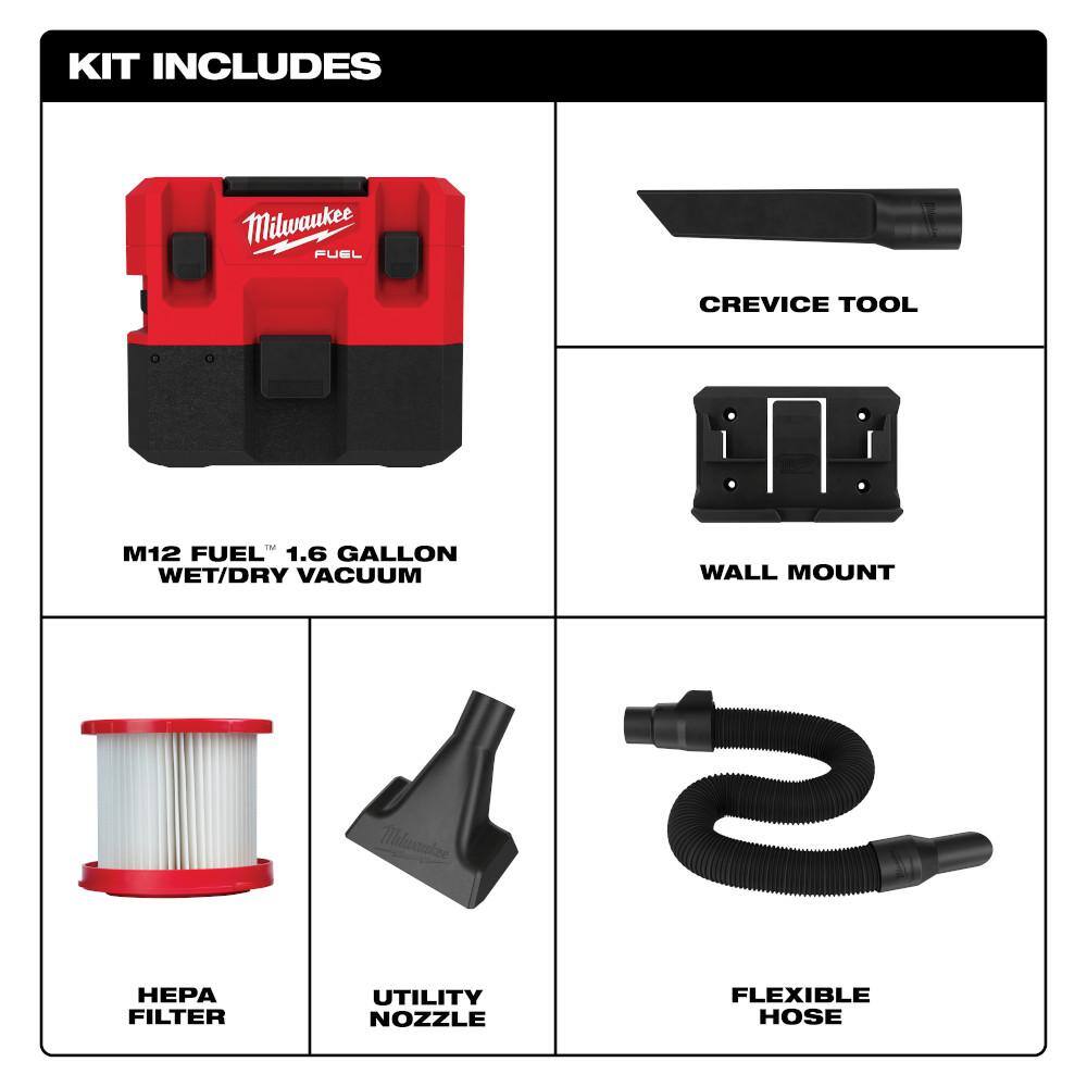 Milwaukee M12 FUEL 12V Lithium-Ion Brushless Cordless 1/4 in. Hex Impact Driver Kit w/M12 FUEL 1.6 Gal. Wet/Dry Vacuum