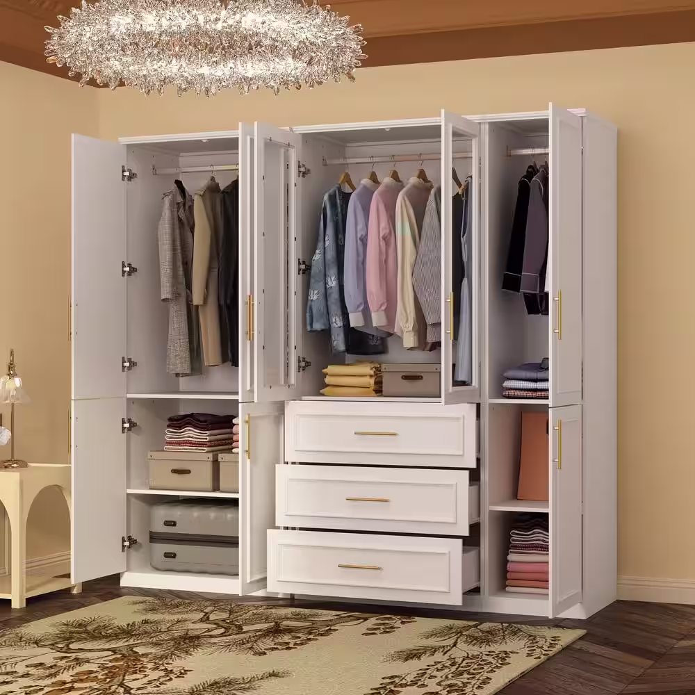 None 3-Combination White Wood 79.1 in. W 8-Door Big Armoires with Hanging Rods, Drawers, Shelves 74.8 in. H x 19.3 in. D