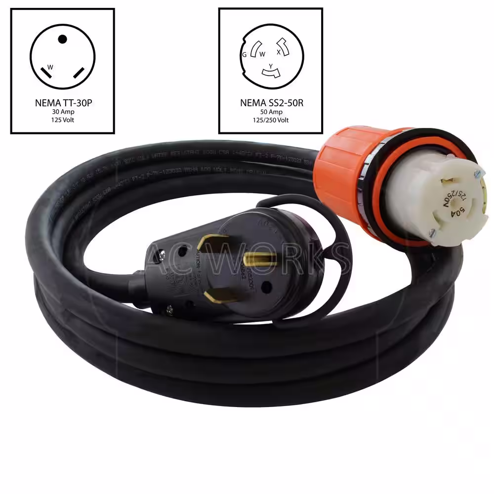 AC WORKS 25 ft. 10-Gauge Heavy-Duty Indoor/Outdoor Black Extension Cord TT-30P to SS2-50R