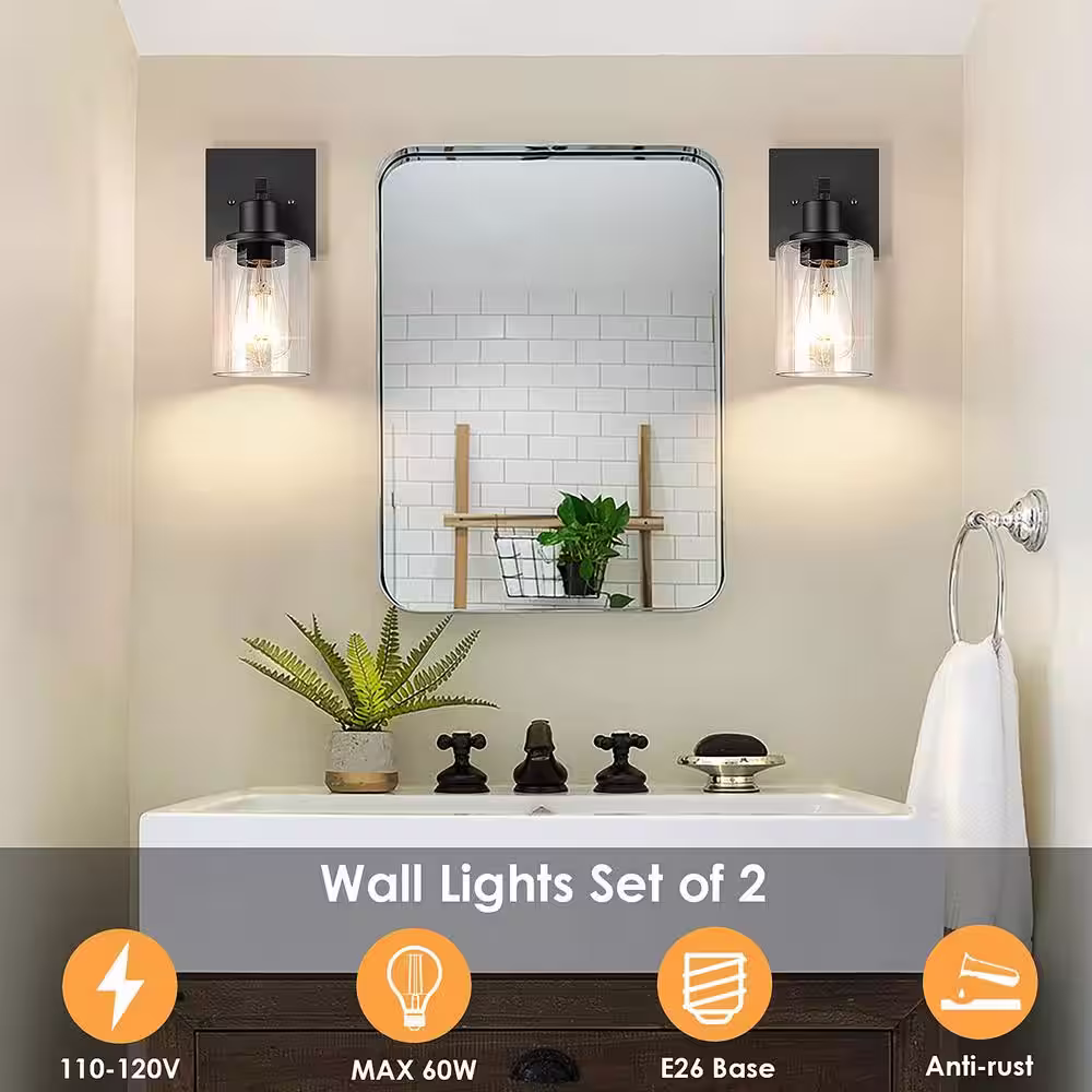 YANSUN 4 in. 1-Light Black Modern Farmhouse Wall Sconce with Clear Glass Shade for Bathroom Hallway(2-Pack)