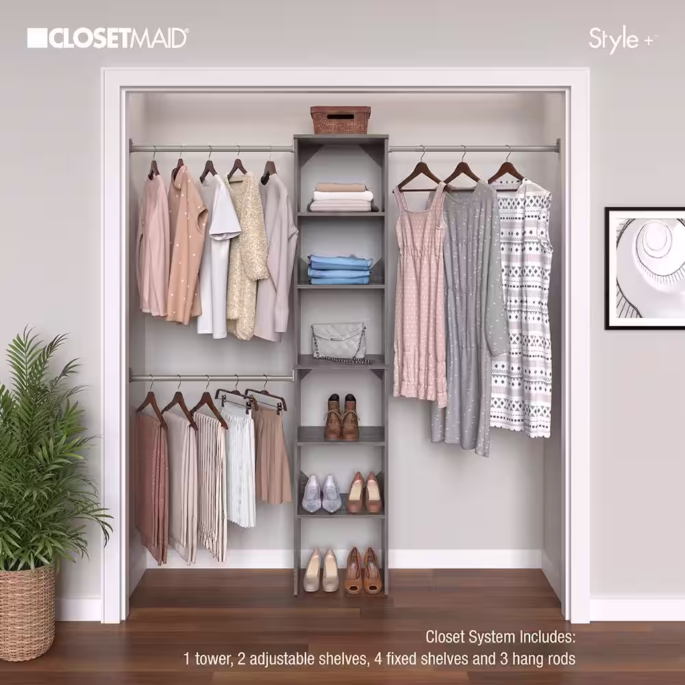ClosetMaid Style + 14 in. D x 17 in. W x 82.25 in. H Coastal Teak Wood Floor Mount 6-Shelf Closet Kit With Hang Rods