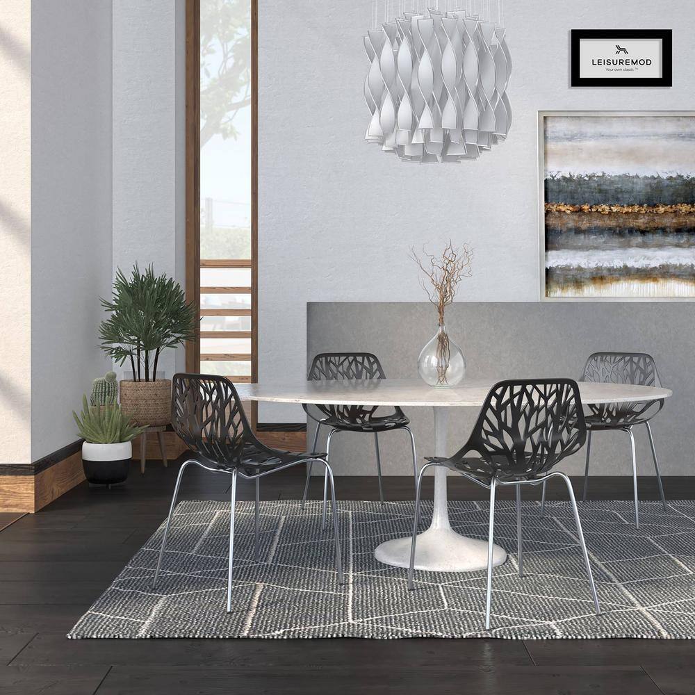 Leisuremod Asbury Modern Stackable Dining Chair With Chromed Metal Legs Set of 4 in Black