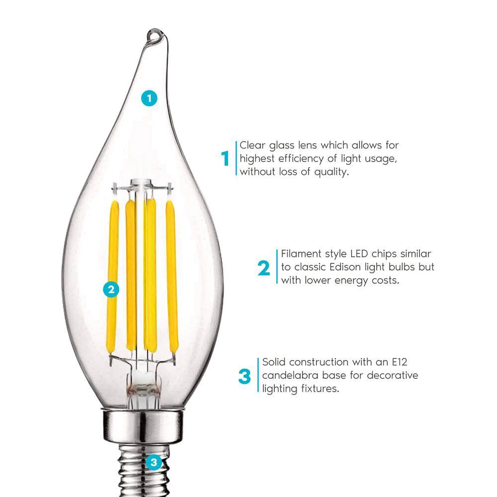 LUXRITE 60-Watt Equivalent CA11 Dimmable Vintage Edison LED Light Bulb Flame Tip Clear Glass 4000K Cool White (16-Pack)