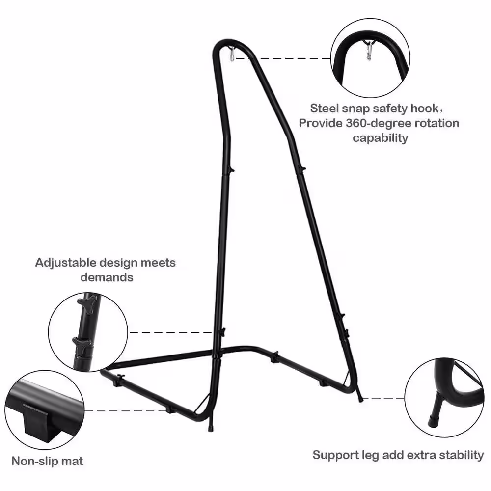 None 3.75 ft. Metal Adjustable Hammock Stand Hammock Chair Stand Steel Frame in Black