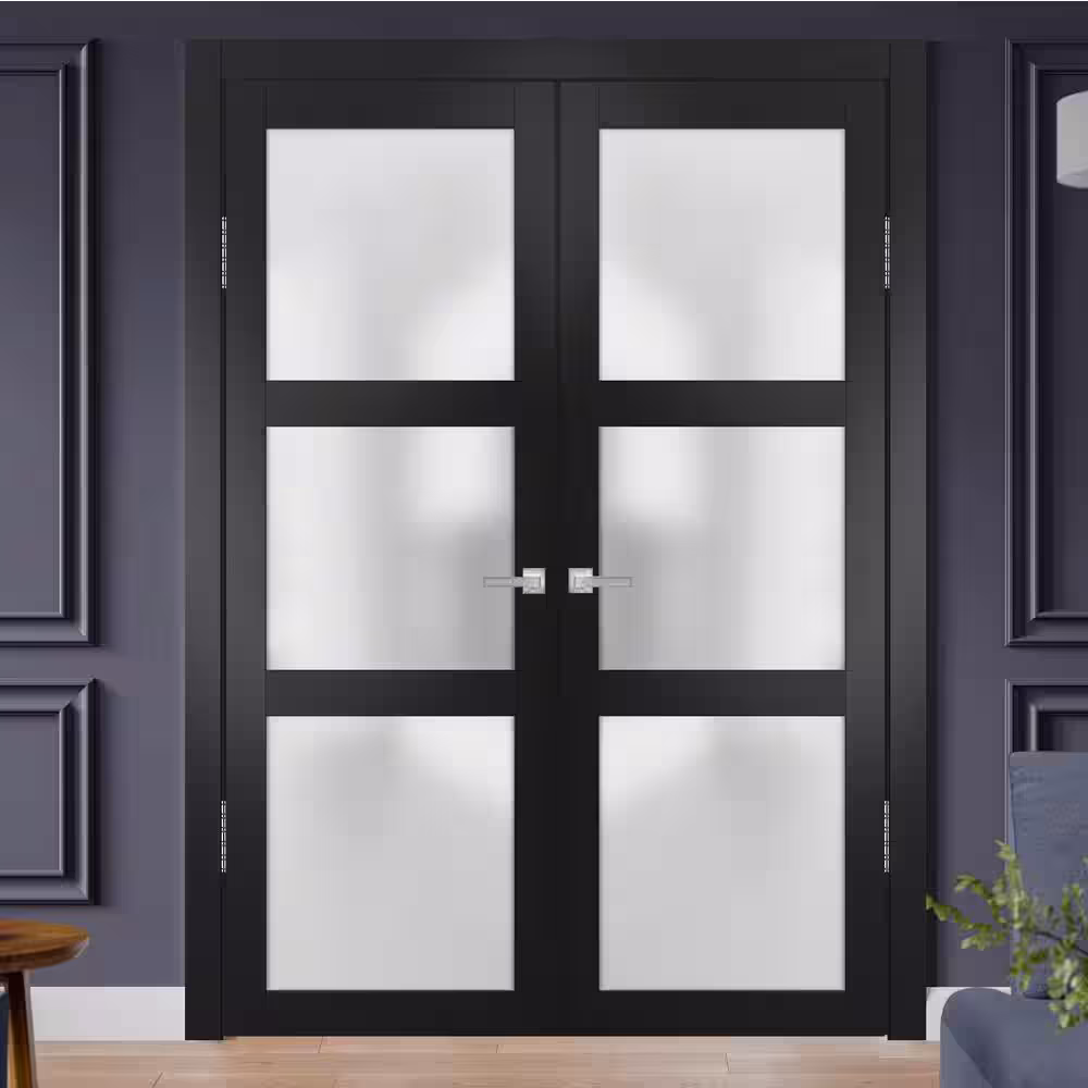 Sartodoors 2552 60 in. x 96 in. Universal Handling Frosted Glass Solid Core Black Finished Pine Wood Interior Door Slab