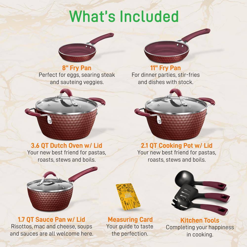 NutriChef 11 Pc Nonstick Diamond Pattern Kitchen Cookware Pot & Pan Set, Purple
