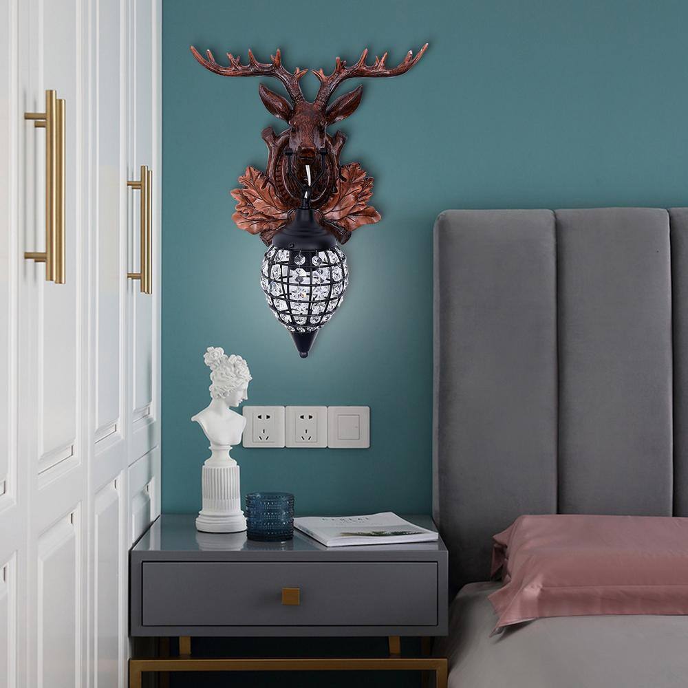 None 11.8 in. 1-Light Brown Retro Crystal Antler Wall Sconce with Clear Crystal Shade, for Bedroom Hallway Entrance