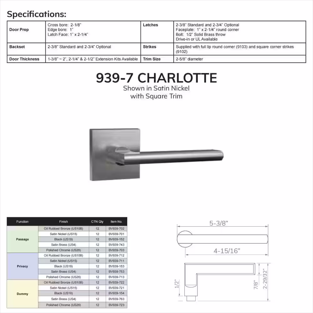 None Bravura Charlotte 939-7 Dummy Door Lever Satin Nickel w/ square trim