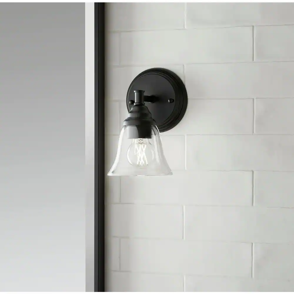 Hampton Bay Marsden 5.5 in. 1-light Matte Black Transitional indoor wall sconce with Clear Glass Shade