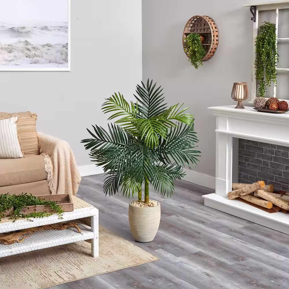 Nearly Natural 4.5 ft. High Indoor Golden Cane Palm Artificial Tree in Oval Planter