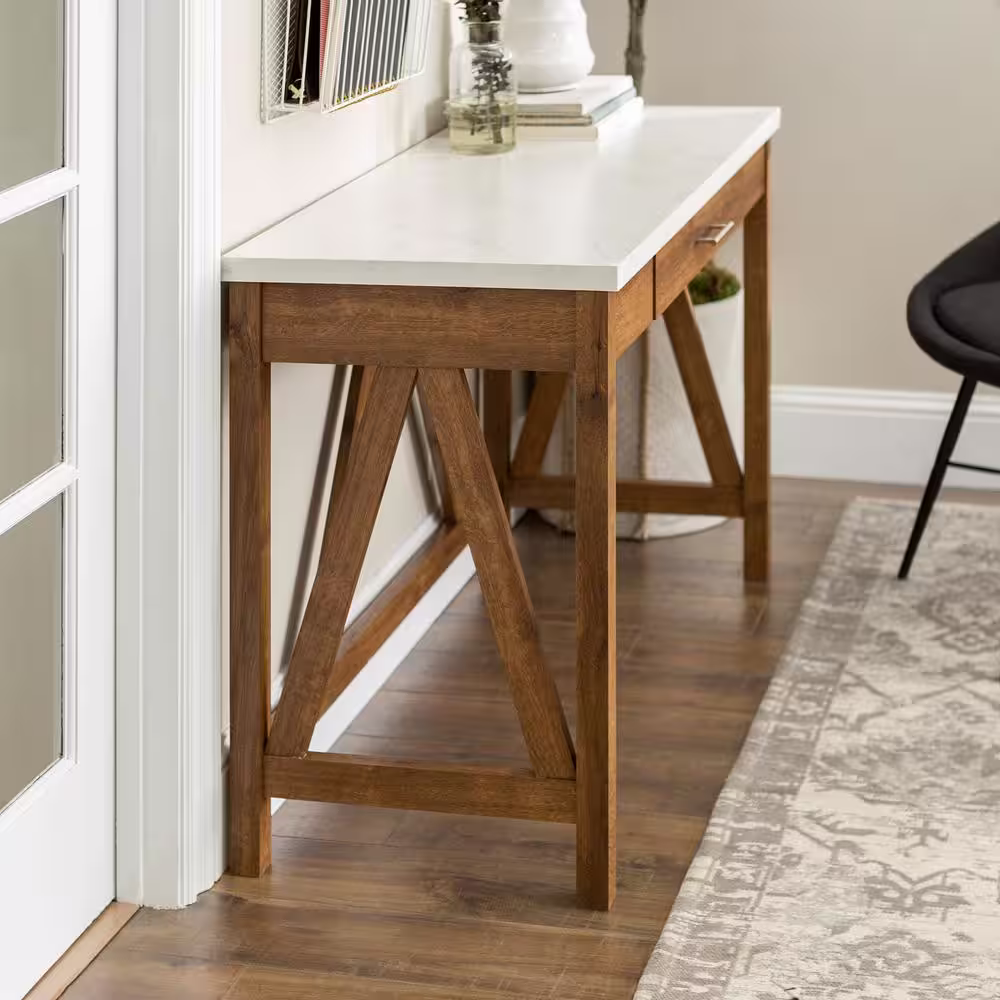 Walker Edison Furniture Company 46 in. Walnut/White Marble Rectangular 1 -Drawer Writing Desk with Faux Marble Top