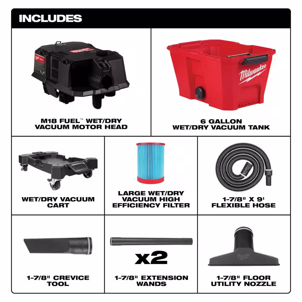 Milwaukee M18 FUEL 6 Gal. Cordless Wet/Dry Shop Vac W/Filter, Hose and AIR-TIP 1-1/4 in. - 2-1/2 in.(1-Piece) 3-IN-1 Crevice Tool