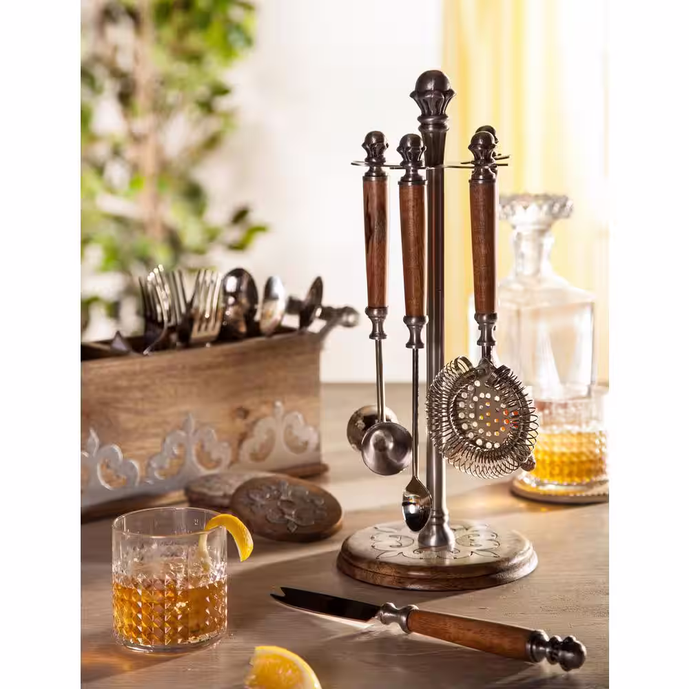 GG COLLECTION Heritage Collection 5.25 in. H x 16 in. W x 4.25 in. D Brown Wood and Metal Inlay Flatware and Utensil organizers