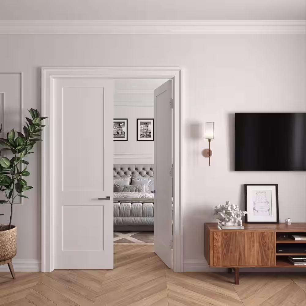 RESO 64 in. x 96 in. Bi-Parting Solid Core Primed White Composite Wood Double Pre-hung interior French DoorSatin Nickel Hinge