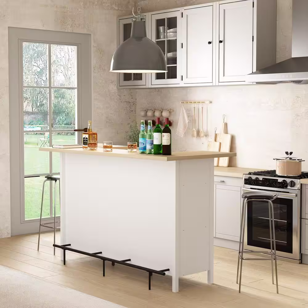None White Wood 70.9 in. W U-shaped Kitchen Island Dining Bar Table With Wine Storage Wine Glass Racks and Cabinet