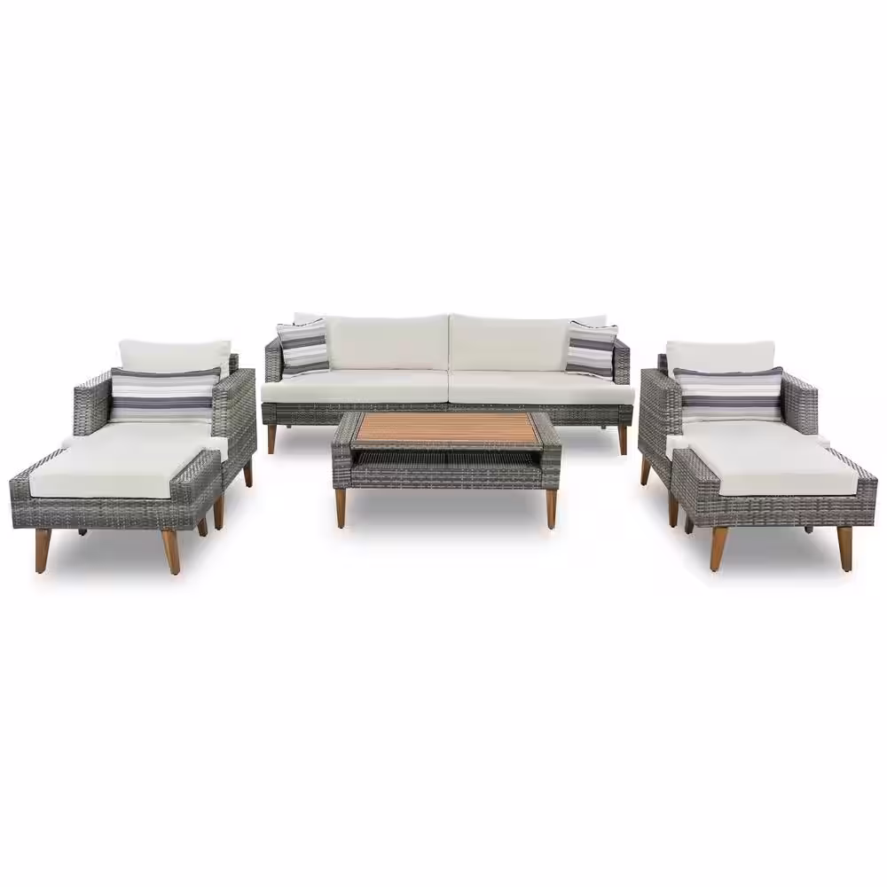 None Gray 6-Piece Wicker Patio Conversation Set with White Cushion and Ottoman
