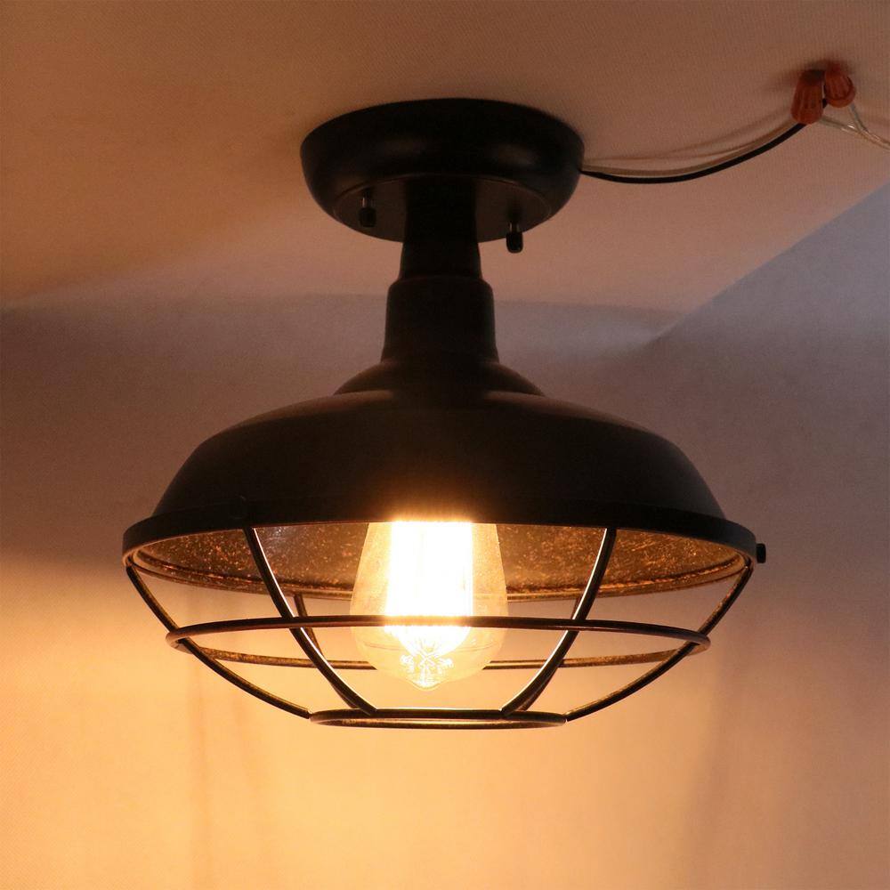 None Small 1-Light Oil Rubbed Bronze Outdoor Ceiling Light Semi-Flush Mount