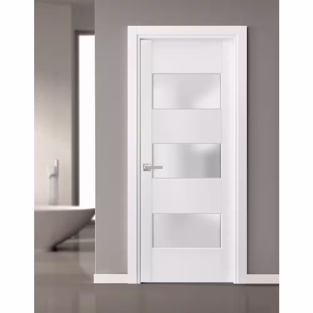 Sartodoors 4070 18 in. x 80 in. Universal 3 Lites Frosted Solid White Finished Pine Wood Single Prehung Interior Door with Hardware