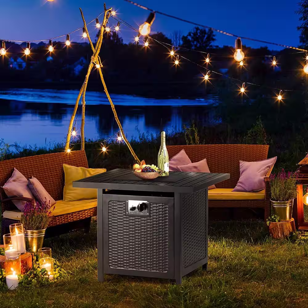 Oakville Furniture 28 in. Outdoor Square Black Rattan Style Powder Coated Steel Gas Propane Fire Pit Table W/Lava Rock