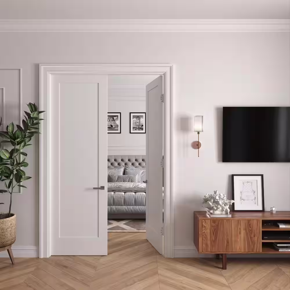 RESO 56 In. x 96 In.Bi-Parting Solid Core Primed White Composite Double Pre-hung French Door Catch Ball Oil Bronze Hinges
