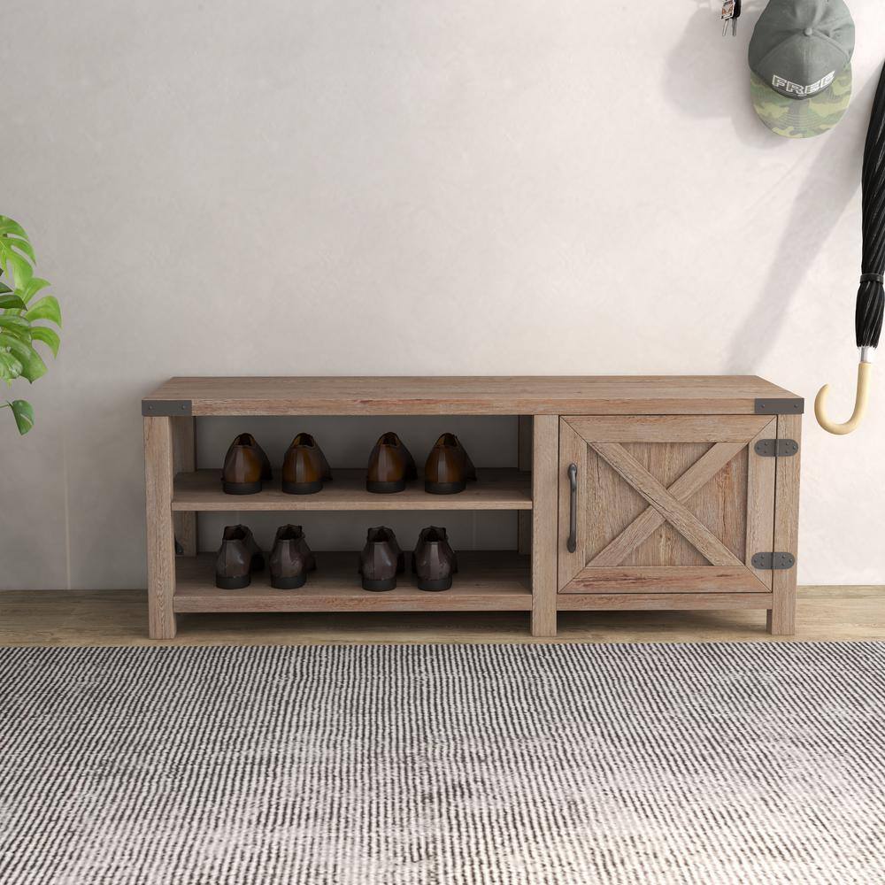 None Modern Farmhouse 17.72 in. H x 47.24 in. W Light Brown Shoe Storage Bench, Tobacco Wood, Without Seat Cushion