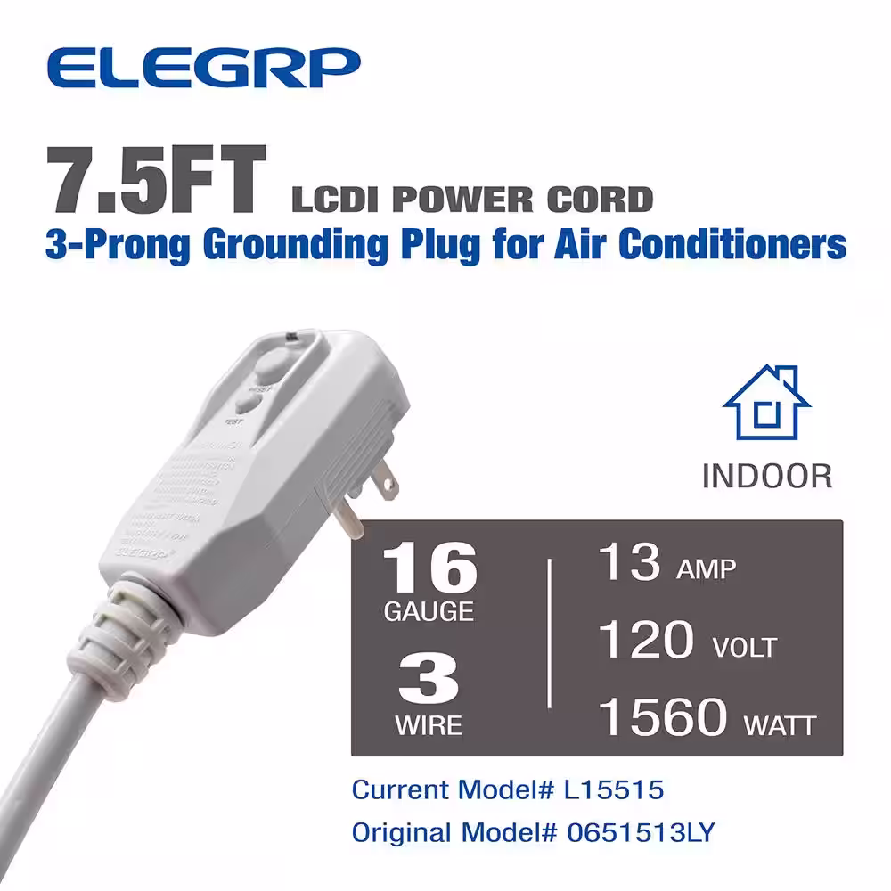 ELEGRP 7.5 ft. 120V 13Amp 1560W LCDI Power Cord Plug for Air Conditioner,Leakage Current Detection Interrupter Replacement,Gray