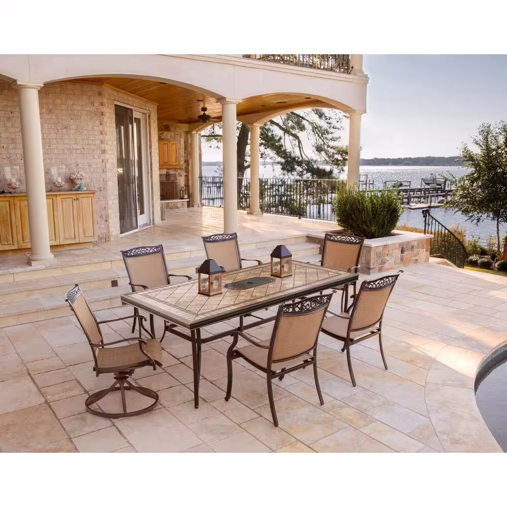 Hanover Fontana 7-Piece Aluminum Rectangular Outdoor Dining Set with Tile-Top Table and 2 Swivel Chairs