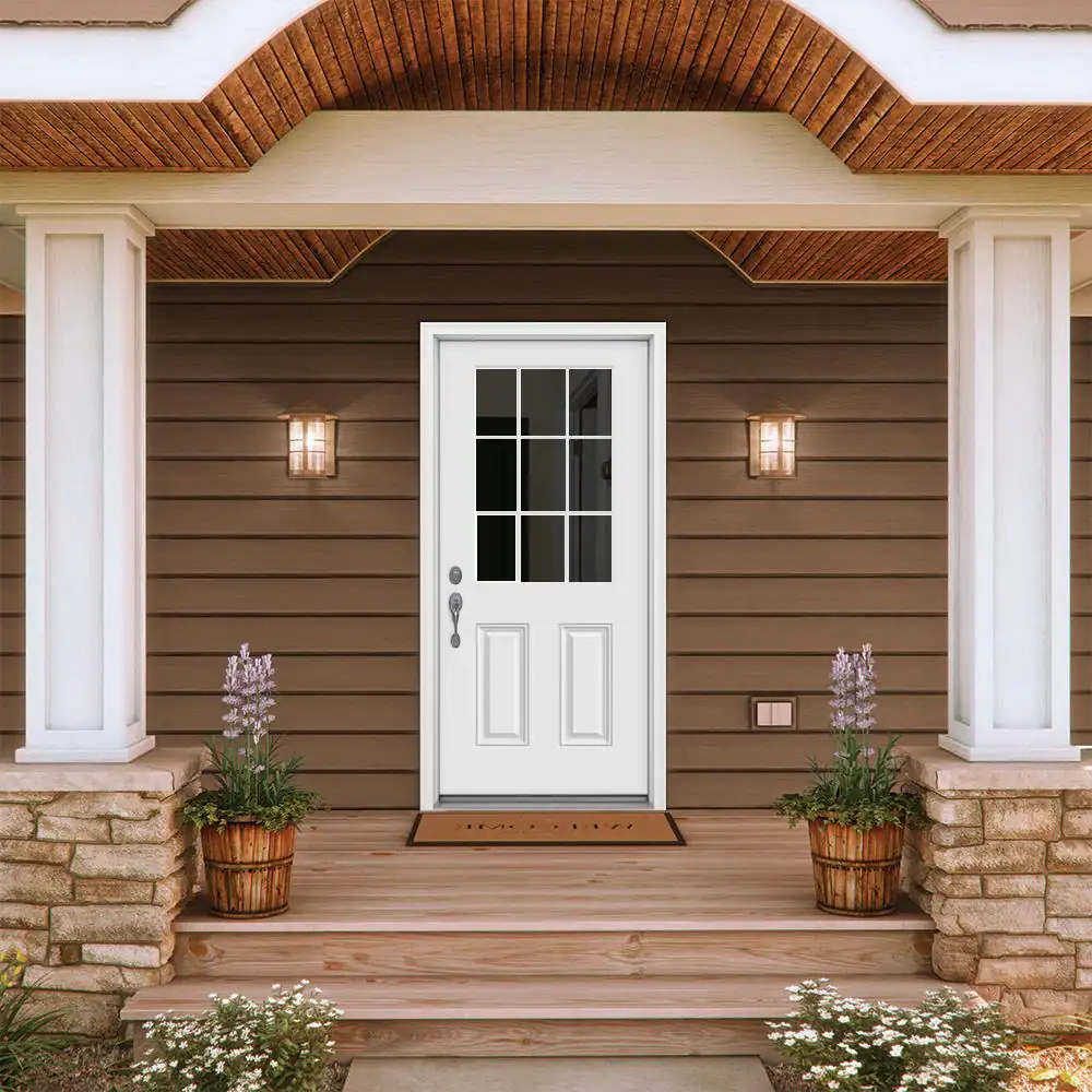 JELD-WEN 36 in. x 80 in. 9 Lite Primed Fiberglass Prehung Entry Door with Brickmould