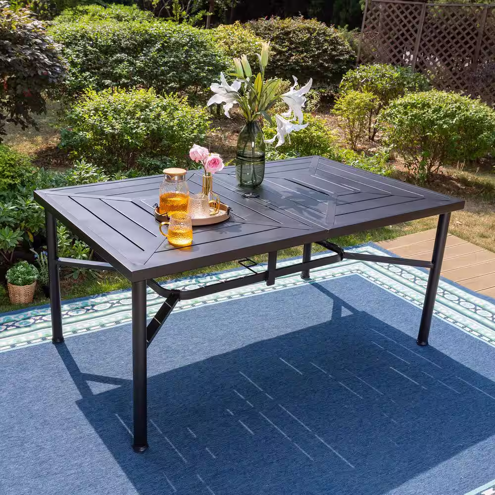 None 7-Piece Metal Patio Outdoor Dining Set with Rectangle Table and C-Spring Chair with Red Cushions