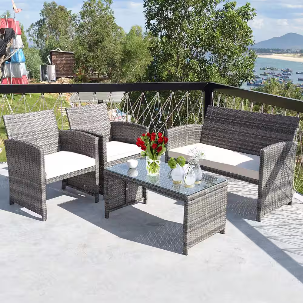 Costway 4-Piece Wicker Rattan Patio Conversation Set Chair with Beige Cushions