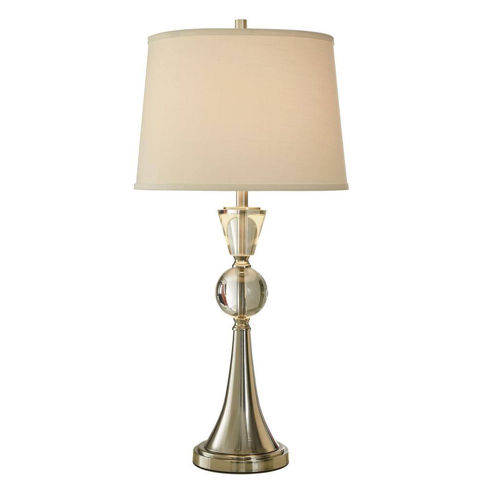 StyleCraft 37 in. Clear, Brushed Steel, Off-White Candlestick Task and Reading Table Lamp for Living Room with White Linen Shade
