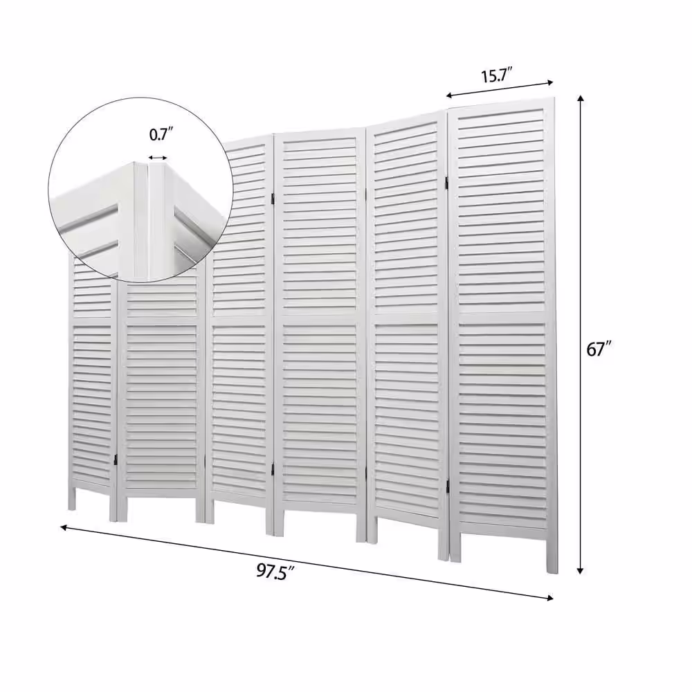 None Sycamore wood 6-Panel Screen Folding Louvered Room Divider - Old white
