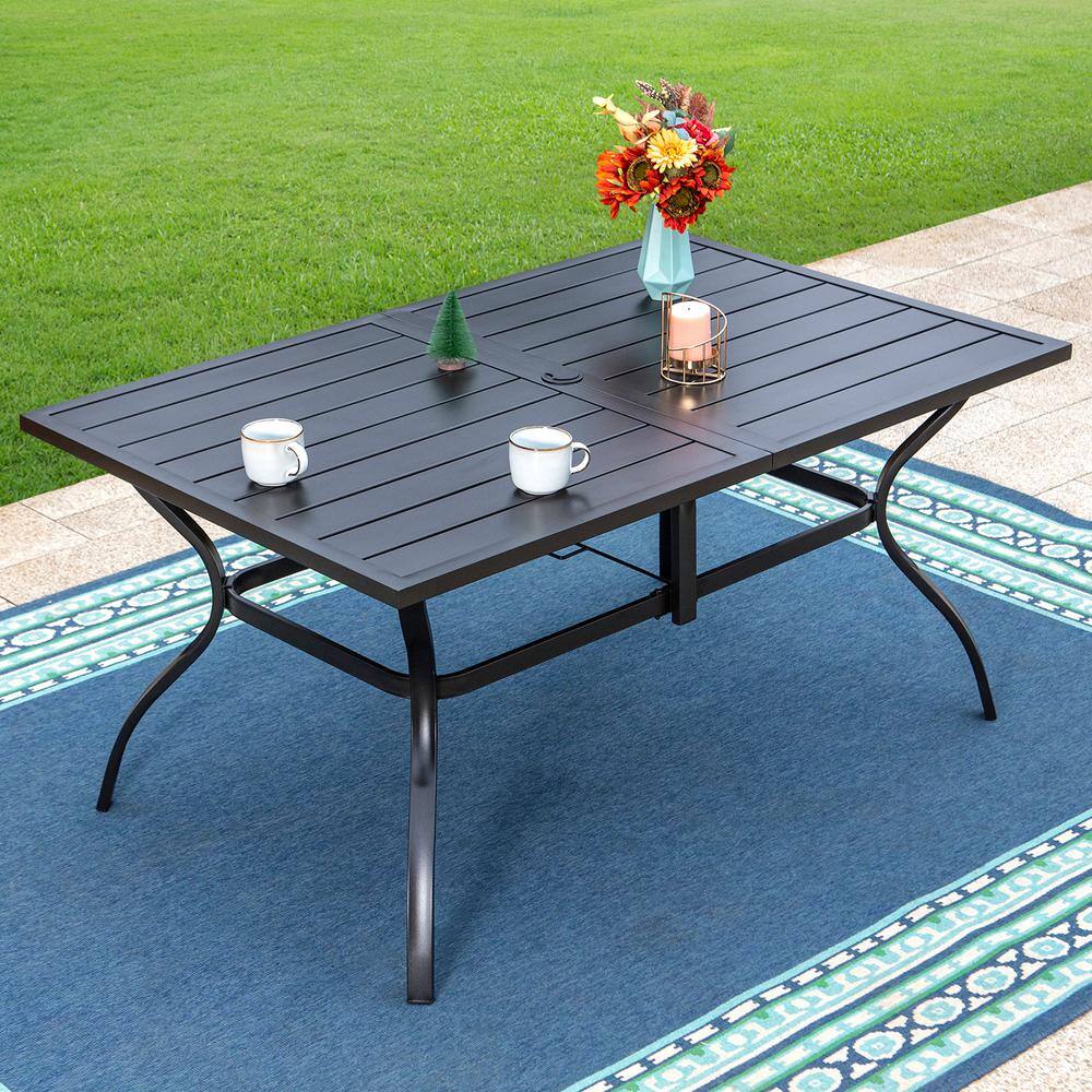 None Black 8-Piece Metal Patio Outdoor Dining Set with Slat Table, Umbrella and Swivel Chairs with Beige Cushions