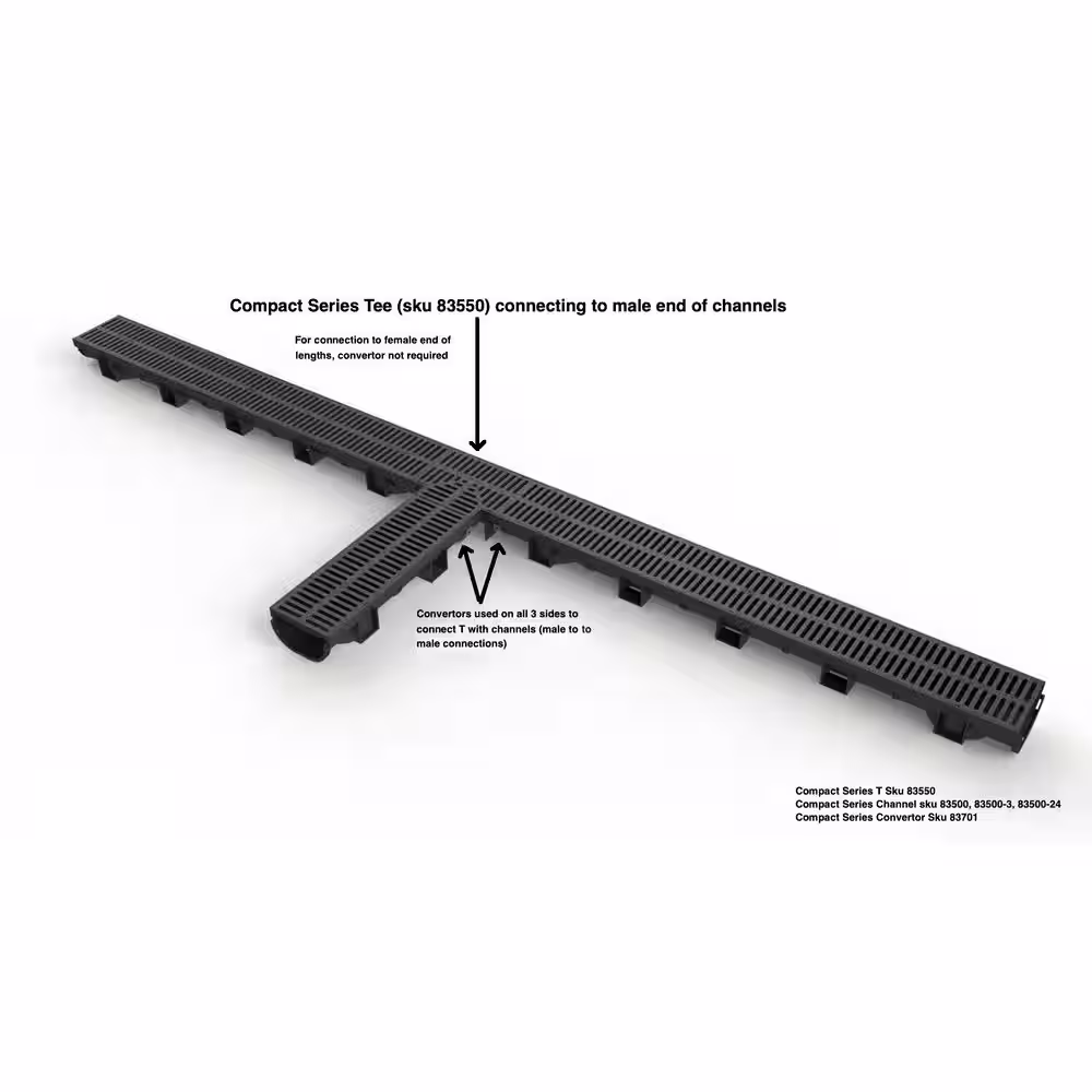 U.S. TRENCH DRAIN Compact Series Tee for 3.2 in. Trench and Channel Drain Systems with Black Grate