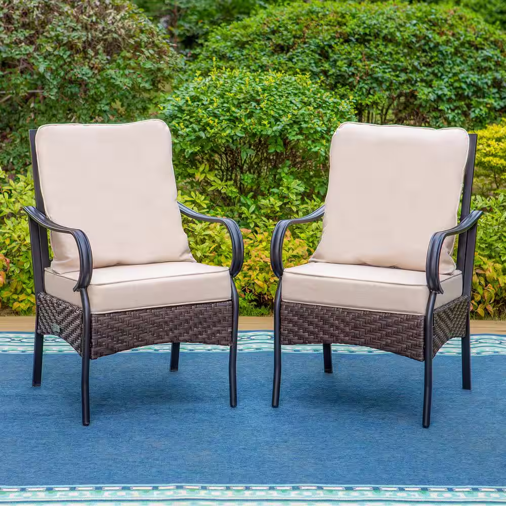 None 9-Piece Metal Patio Outdoor Dining Set with Black Rectangle Extendable Table and Chairs with Beige Cushions