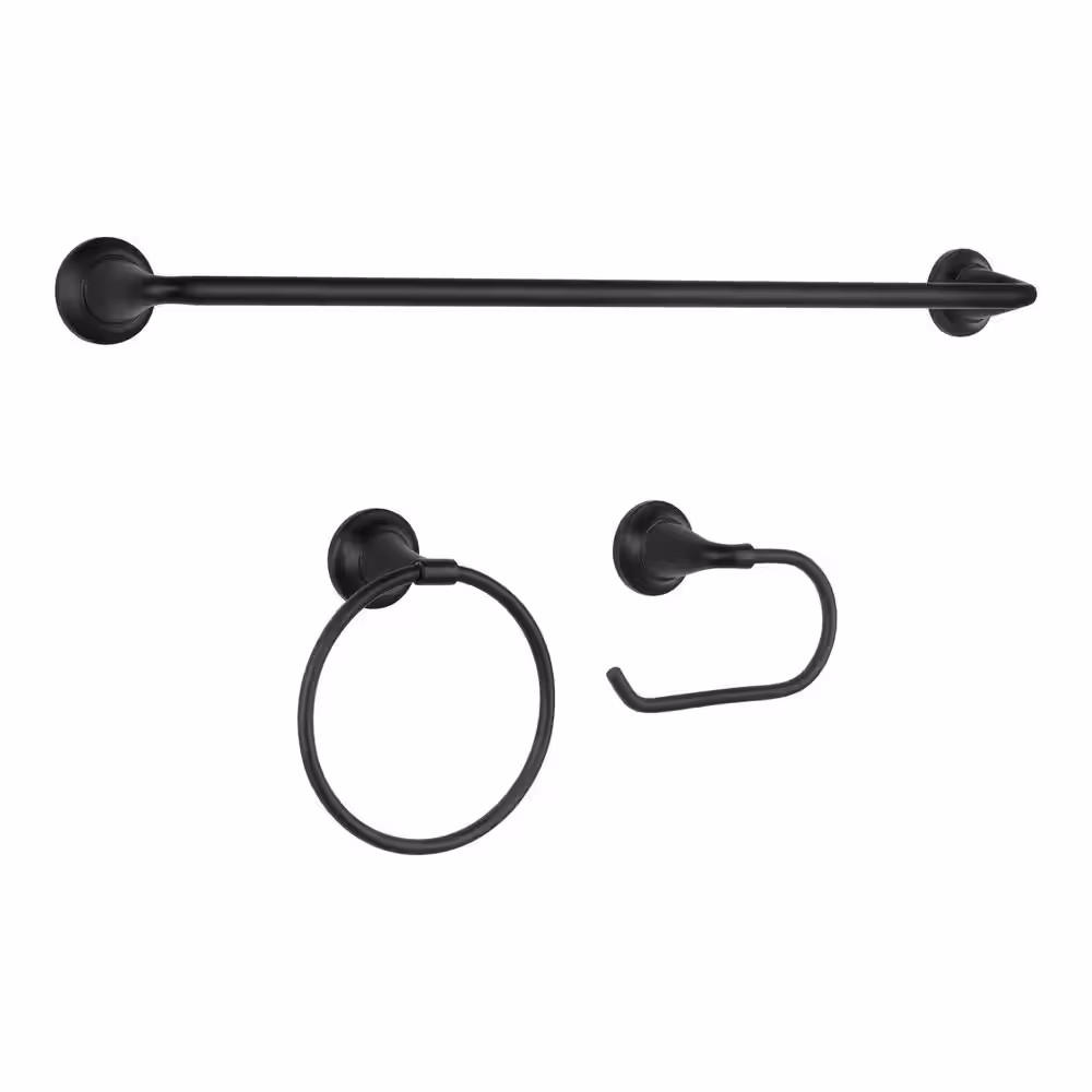Glacier Bay Constructor 3-Piece Bath Hardware Set with 24 in. Towel Bar, Towel Ring, and TP Holder in Matte Black