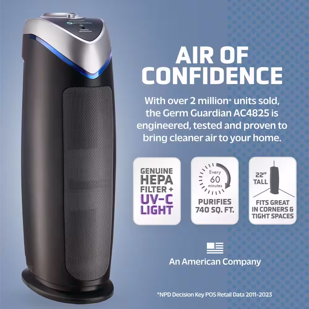 GermGuardian 22 in. 4-in-1 Air Purifier with True HEPA filter for Medium Rooms up to 153 Sq Ft, Black (Model #AC4825DLX)
