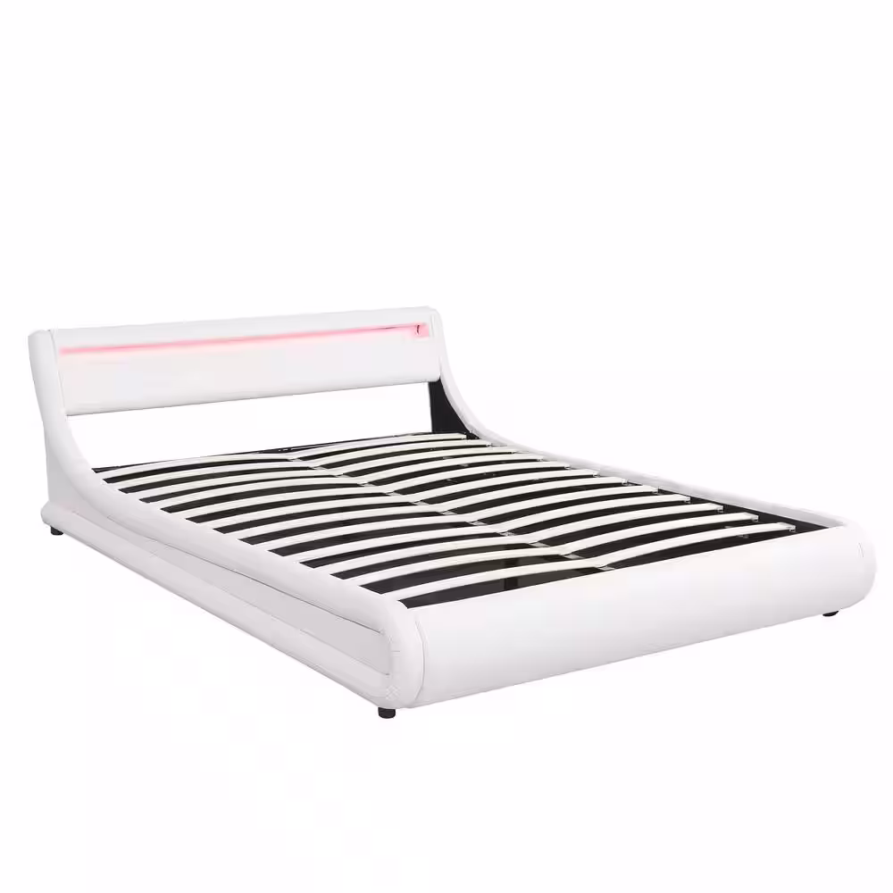 Polibi 65.70 in. W Queen Upholstered Leather Platform bed in White with a Hydraulic Storage System, LED Light Headboard