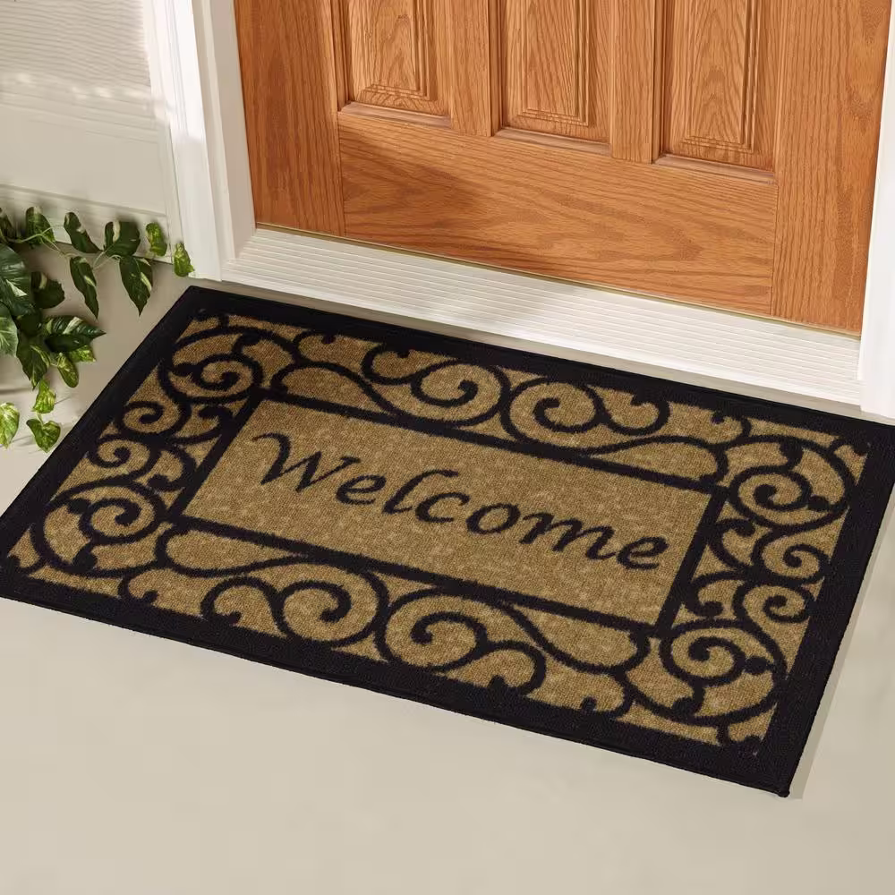 Ottomanson Ottohome Collection Non-Slip Rubberback Floral Border 20x30 Indoor/Outdoor Doormat, 20 in. x 30 in., Camel