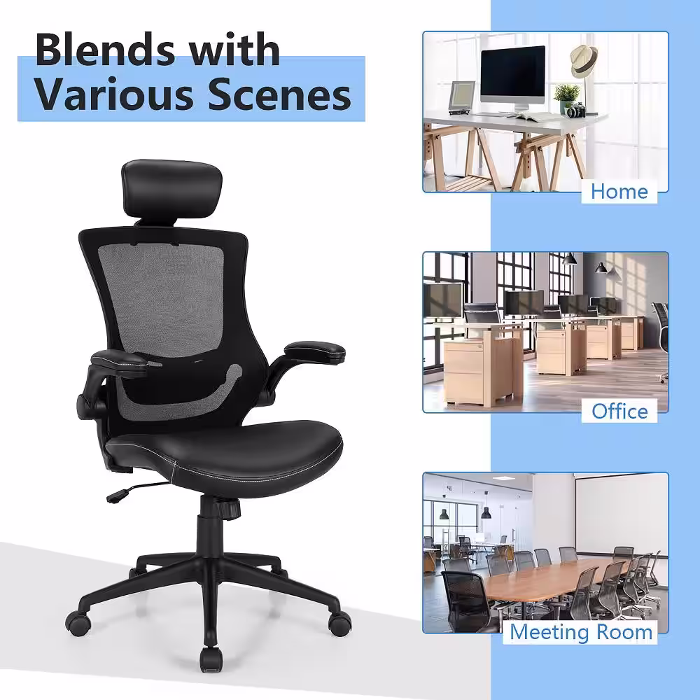 Costway Black Leather Mesh Back Adjustable Swivel Office Chair