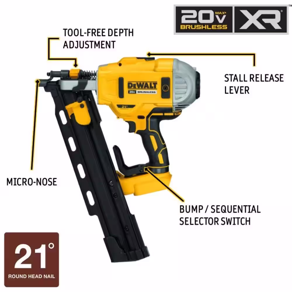 DEWALT 20V MAX XR Cordless Brushless 2-Speed 21-Degree Plastic Collated Framing Nailer, Hammer Drill and Impact Driver Kit