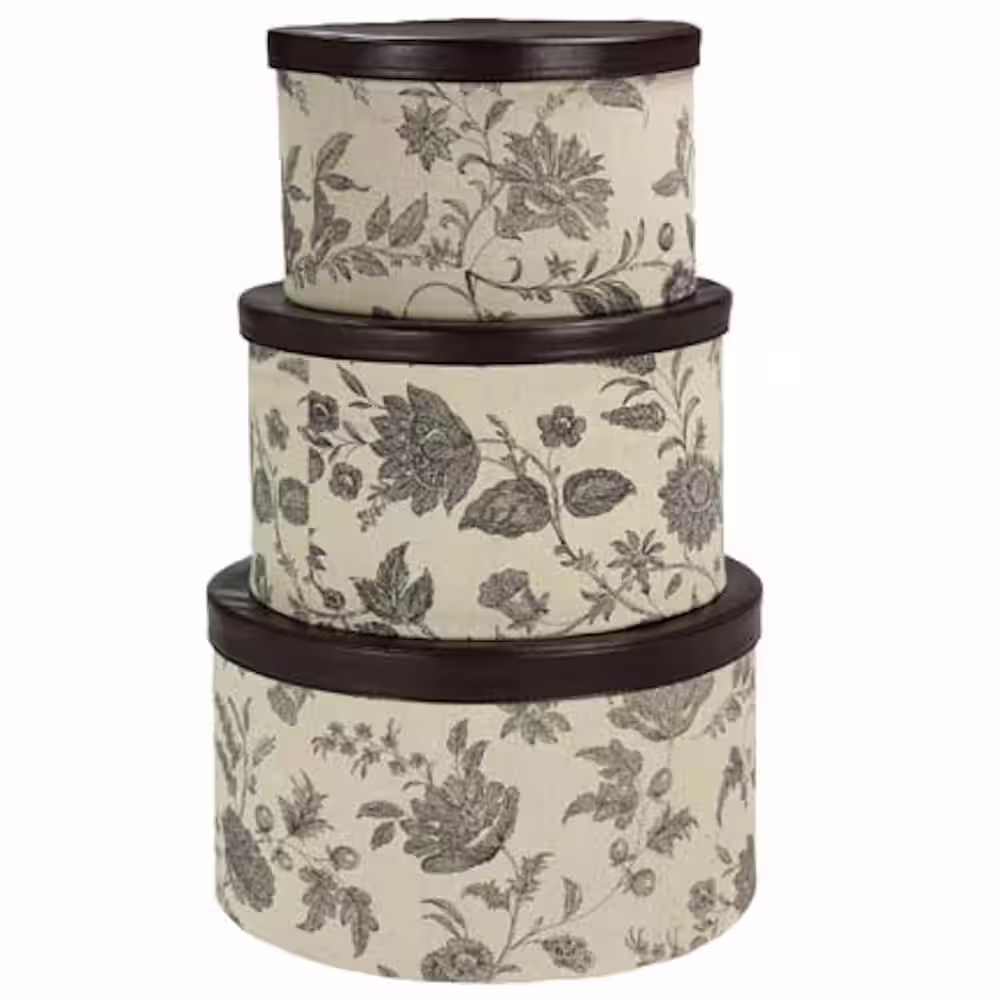 HOUSEHOLD ESSENTIALS 1.0 Gal. and 1/2 Qt. Round Storage Box Set in Tan and Black (3-Piece)