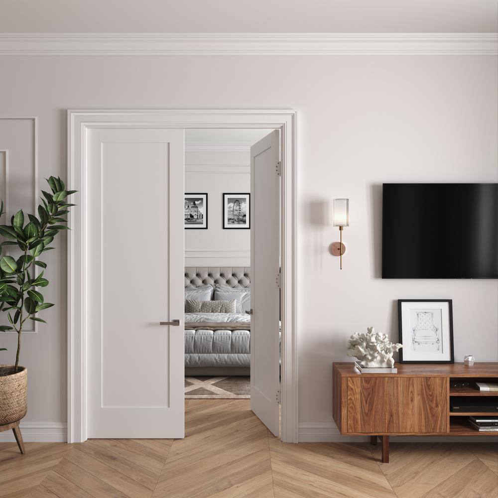 RESO 68 In. x 96 In.Bi-Parting Solid Core Primed White Composite Double Pre-hung French DoorCatch Ball Chrome Hinges