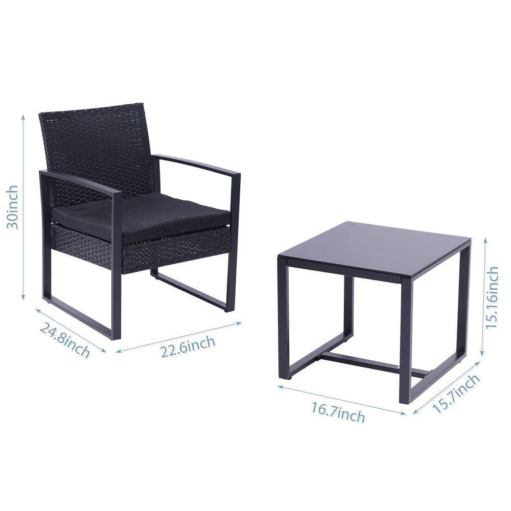 None 3-Piece Wicker Outdoor Bistro Set with Black Cushions